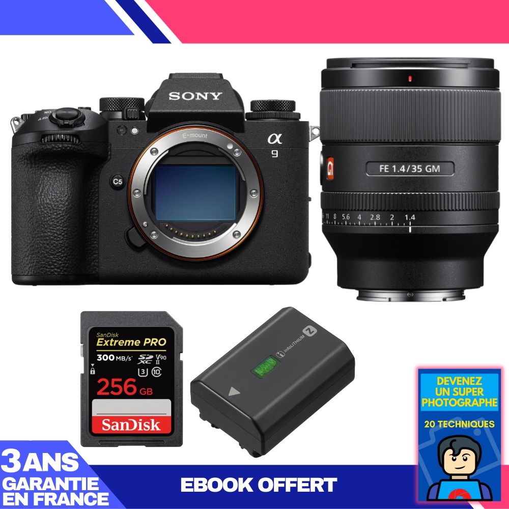 Boitier Sony A9 III + FE 35mm f1.4 GM + 1 SanDisk Extreme PRO UHS II SDXC 300 MB/ + 1 Sony NP FZ100 + Ebook 'Devenez Un Super Photographe
