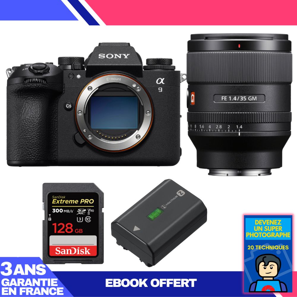 Boitier Sony A9 III + FE 35mm f1.4 GM + 1 SanDisk Extreme PRO UHS II SDXC 300 MB/ + 1 Sony NP FZ100 + Ebook 'Devenez Un Super Photographe - vue 3
