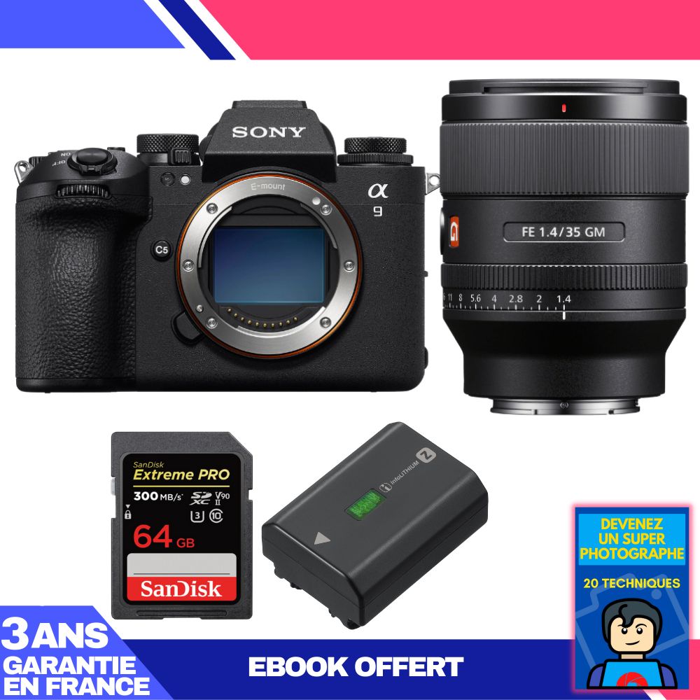 Boitier Sony A9 III + FE 35mm f1.4 GM + 1 SanDisk Extreme PRO UHS II SDXC 300 MB/ + 1 Sony NP FZ100 + Ebook 'Devenez Un Super Photographe - vue 2