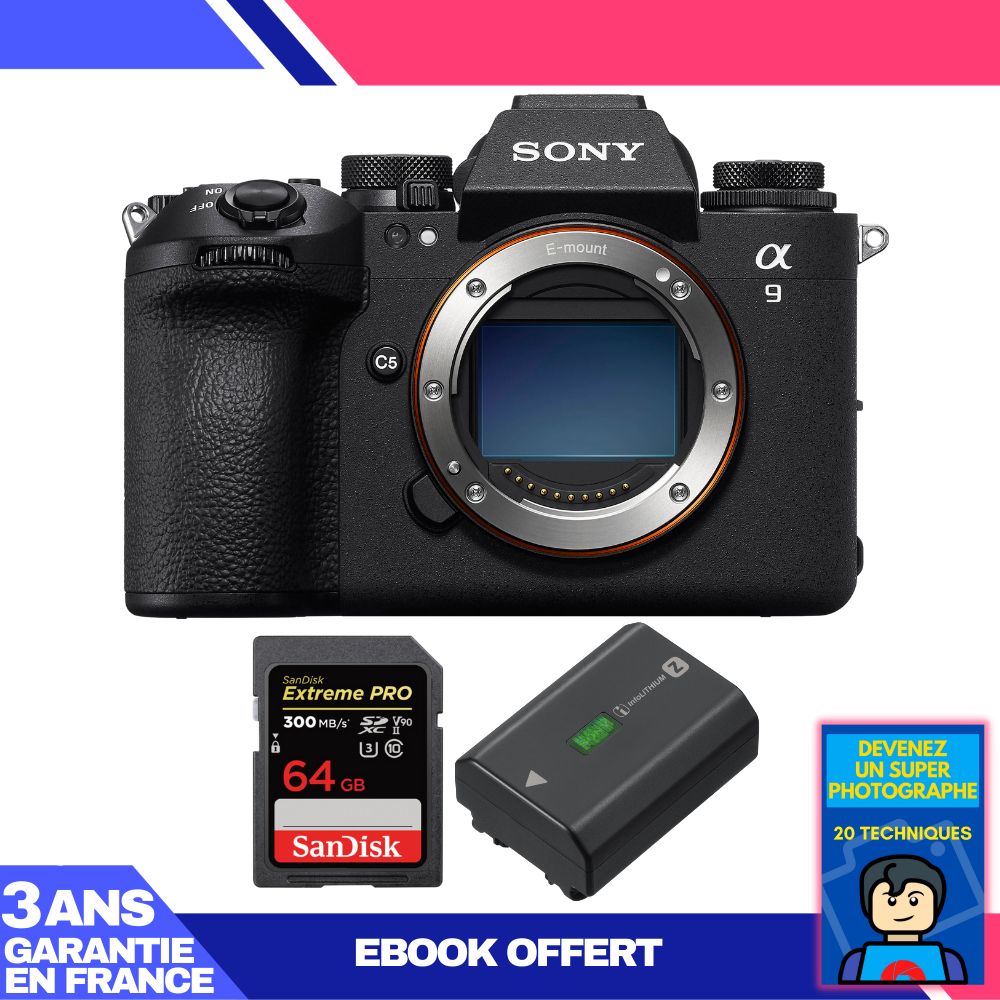 Boitier Sony A9 III + 1 SanDisk Extreme PRO UHS II SDXC 300 MB/ + 1 Sony NP FZ100 + Ebook 'Devenez Un Super Photographe