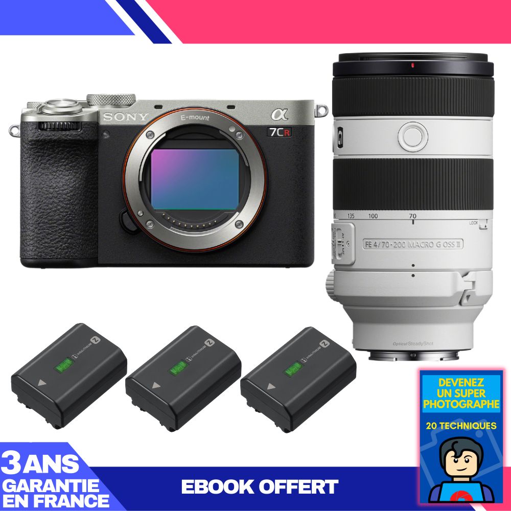 Boitier Sony A7CR + FE 70 200mm f4 Macro G OSS II + 3 Sony NP FZ100 + Ebook 'Devenez Un Super Photographe
