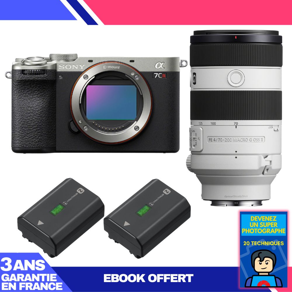 Boitier Sony A7CR + FE 70 200mm f4 Macro G OSS II + 2 Sony NP FZ100 + Ebook 'Devenez Un Super Photographe