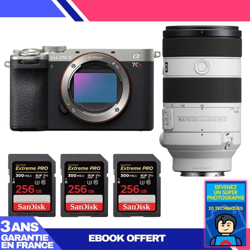 Boitier Sony A7CR + FE 70 200mm f4 Macro G OSS II + 3 SanDisk Extreme PRO UHS II SDXC 300 MB/ + Ebook 'Devenez Un Super Photographe