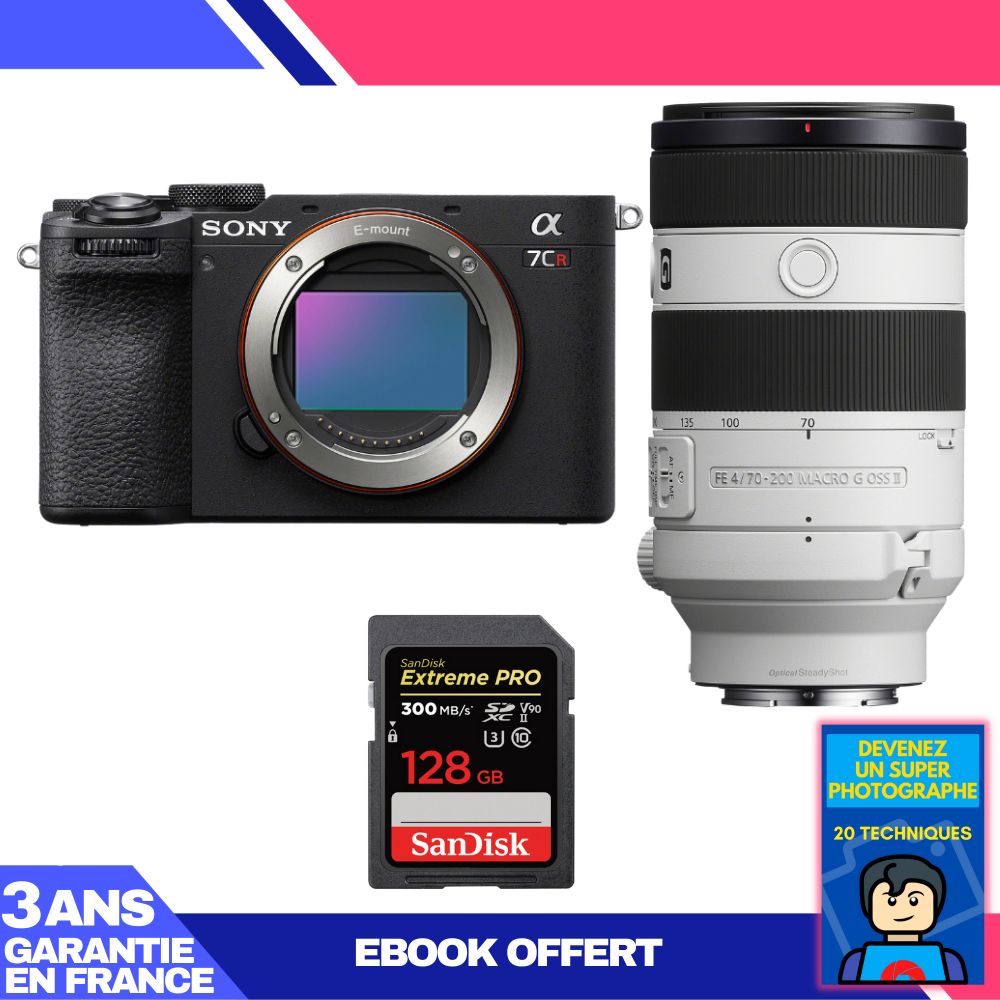 Boitier Sony A7CR + FE 70 200mm f4 Macro G OSS II + 1 SanDisk Extreme PRO UHS II SDXC 300 MB/ + Ebook 'Devenez Un Super Photographe
