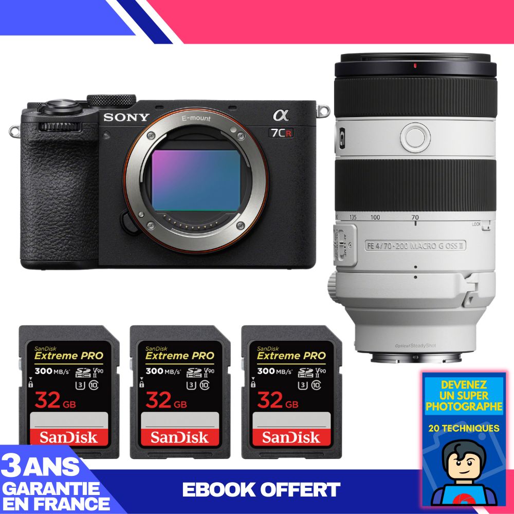 Boitier Sony A7CR + FE 70 200mm f4 Macro G OSS II + 3 SanDisk Extreme PRO UHS II SDXC 300 MB/ + Ebook 'Devenez Un Super Photographe