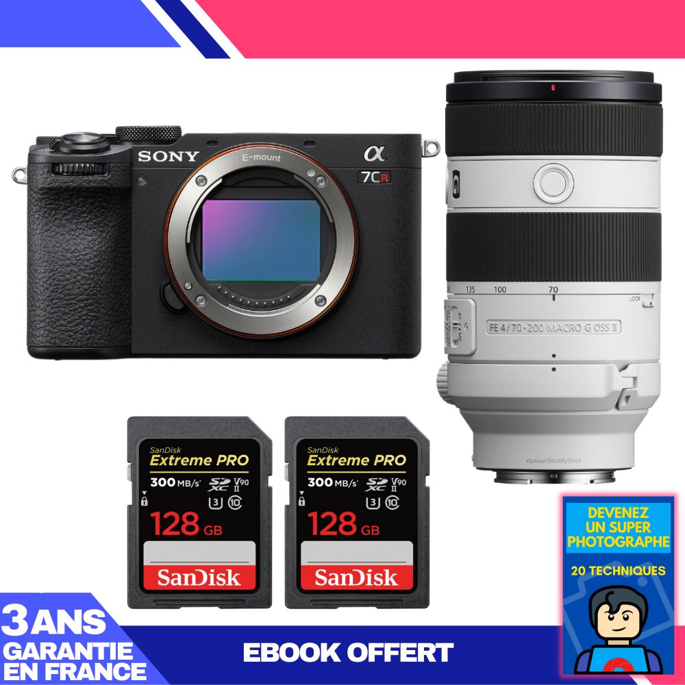 Boitier Sony A7CR + FE 70 200mm f4 Macro G OSS II + 2 SanDisk Extreme PRO UHS II SDXC 300 MB/ + Ebook 'Devenez Un Super Photographe