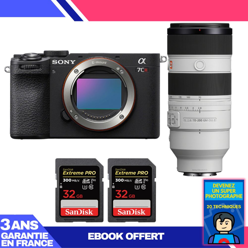 Boitier Sony A7CR + FE 70 200mm f2.8 GM OSS II + 2 SanDisk Extreme PRO UHS II SDXC 300 MB/ + Ebook 'Devenez Un Super Photographe