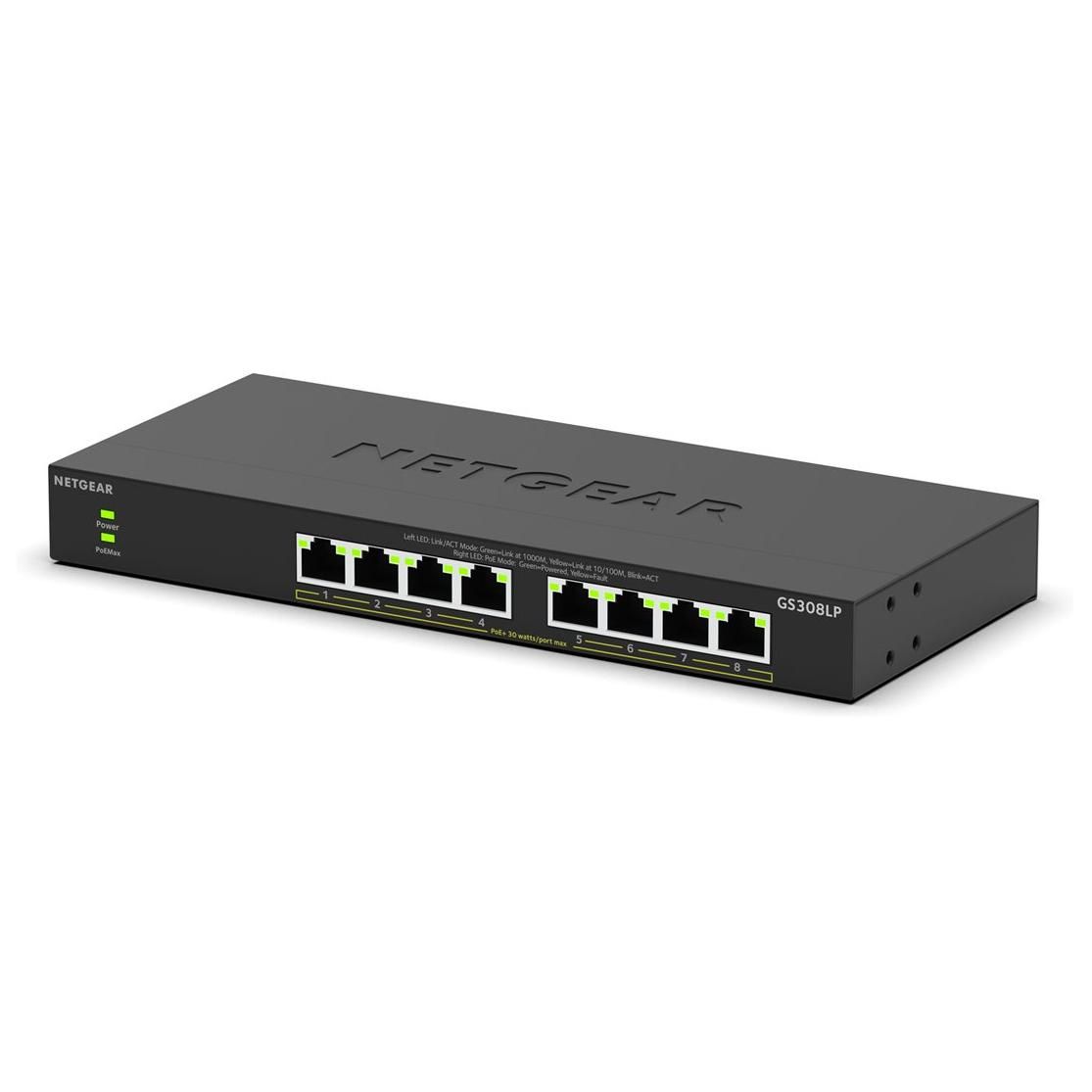 NETGEAR 300 Series GS308LP - Commutateur - essentiels - non géré - 8 x 10/100/1000 (PoE+) - de bureau, fixation murale - PoE+ (60 W)