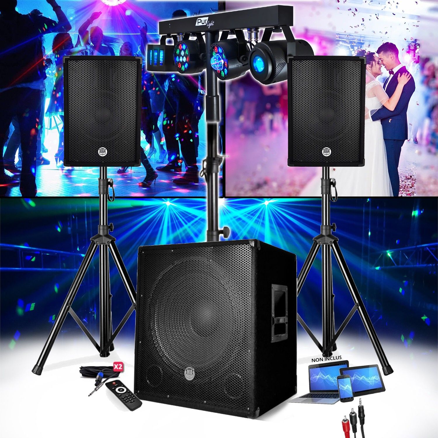 PACK SONO ENCEINTE + SUBWOOFER 1800W USB Bluetooth + PIEDS + CABLES + PORTIQUE LUMIERES - PA DJ SONO MIX Soirée disco mobile