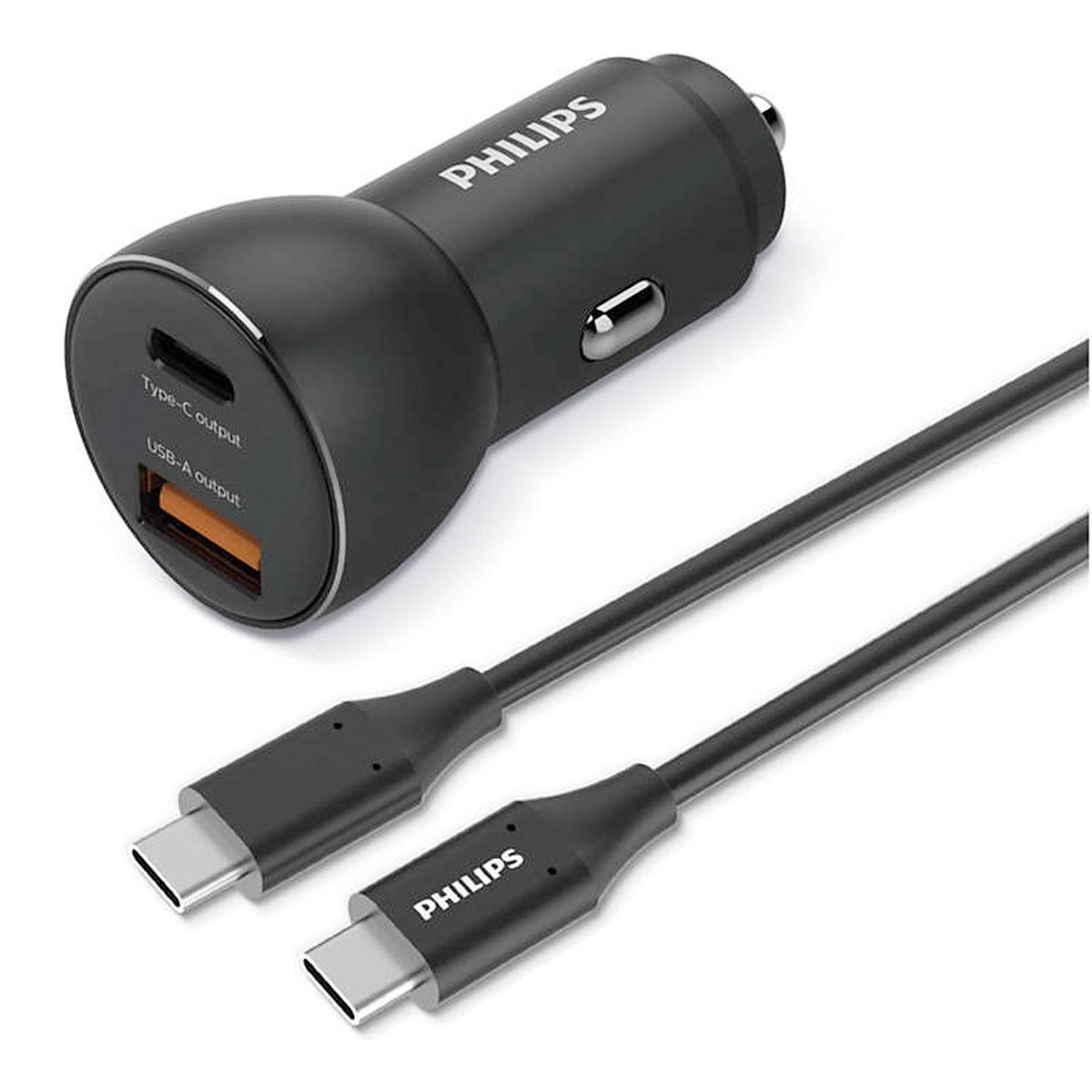 Philips Chargeur Voiture USB AC DLP2521C04 Câble USB C inclus Adaptateur USB C et USB A Sortie Charge rapide