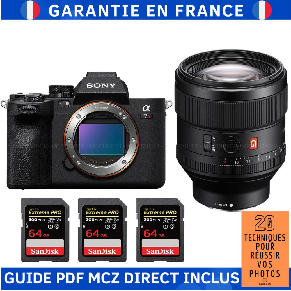 Sony A7R V + FE 85mm f/1.4 GM + 3 SanDisk 64GB Extreme PRO UHS-II SDXC 300 MB/s + Guide PDF MCZ DIRECT '20 TECHNIQUES POUR RÉUSSIR VOS PHOTOS