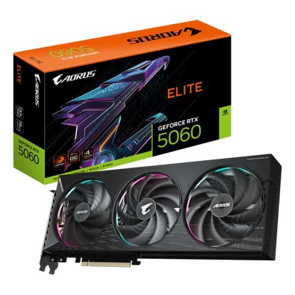 GIGABYTE AORUS GeForce RTX 5060 ELITE 8G Carte Graphique - 8GB GDDR7, 128bit, PCI-E 5.0, 2722 MHz Fréquence du coeur, 3 x DisplayPort, 1 x HDMI, GV-N5060AORUS E-8GD
