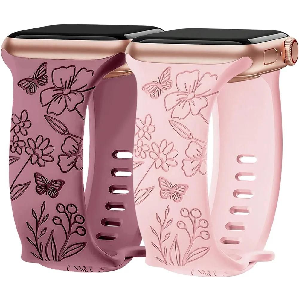 2x Bracelet Pour Apple Watch 38mm 40mm 41mm Series 9 8 Se 7 6 5 4 3 2 1 / 42mm Serie 10 Silicone Motif Fleur Et Efconnection