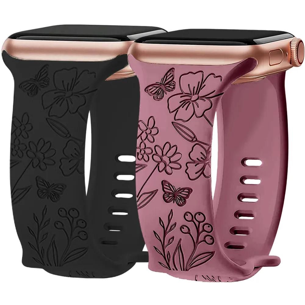 2 Bracelets Pour Apple Watch Series 10 9 8 Se 7 6 5 4 3 2 1 Ultra 2 42mm 44mm 45mm 46mm 49mm Silicone Motif Papillon Efconnection