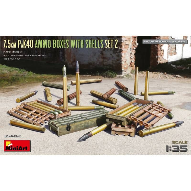 Miniart - 7.5cm Pak40 Ammo Boxes With Shells Set 2maquette 7.5cm Pak40 Ammo Boxes With Shells Set 2 Miniart |35402| 1:35 Figurine Miniature