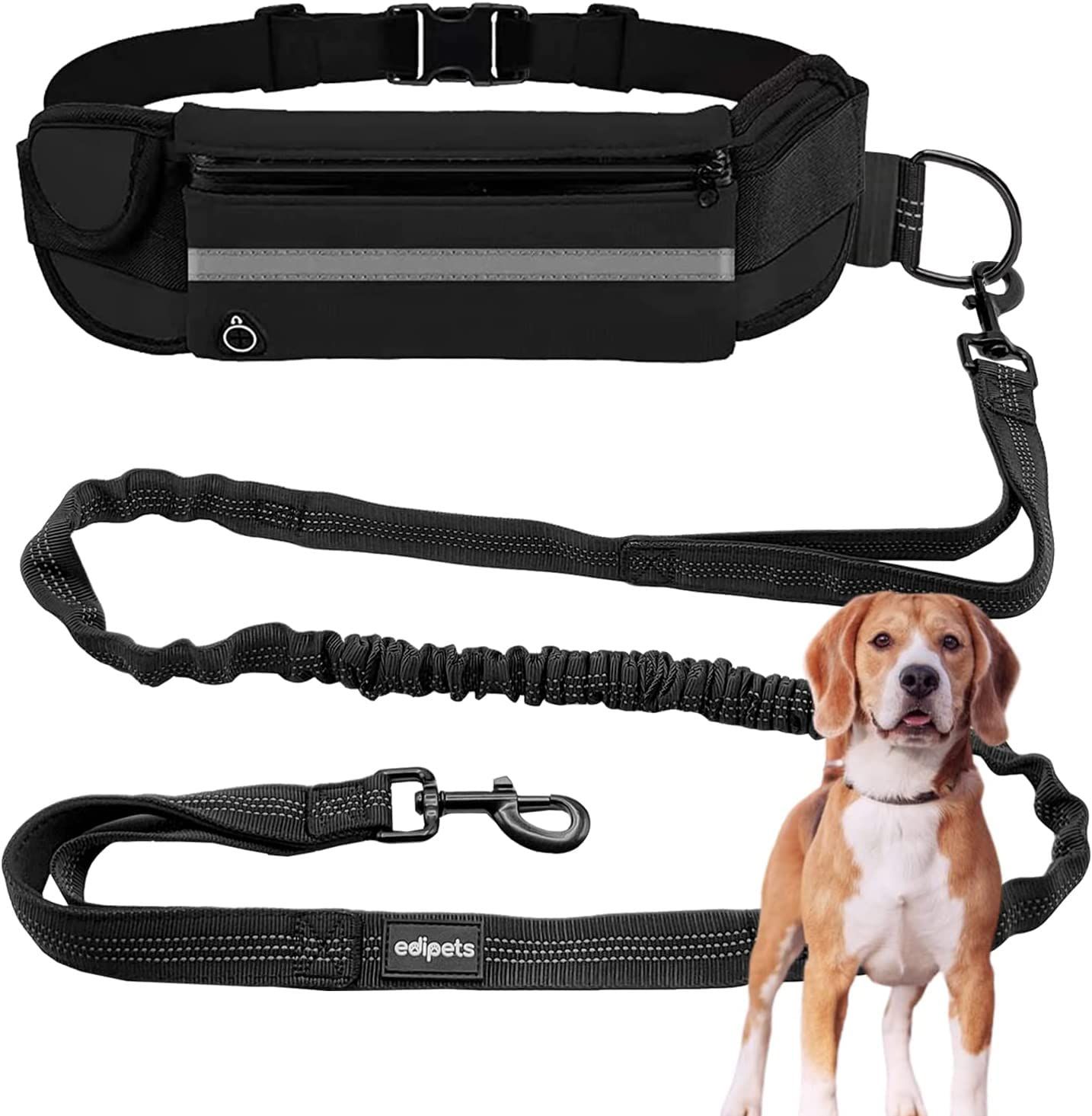 Edipets Laisse Canicross Main Libre Chien Pour Ceinture Running Anti-Tirons Réfléchissant 160-220 Cm Noir
