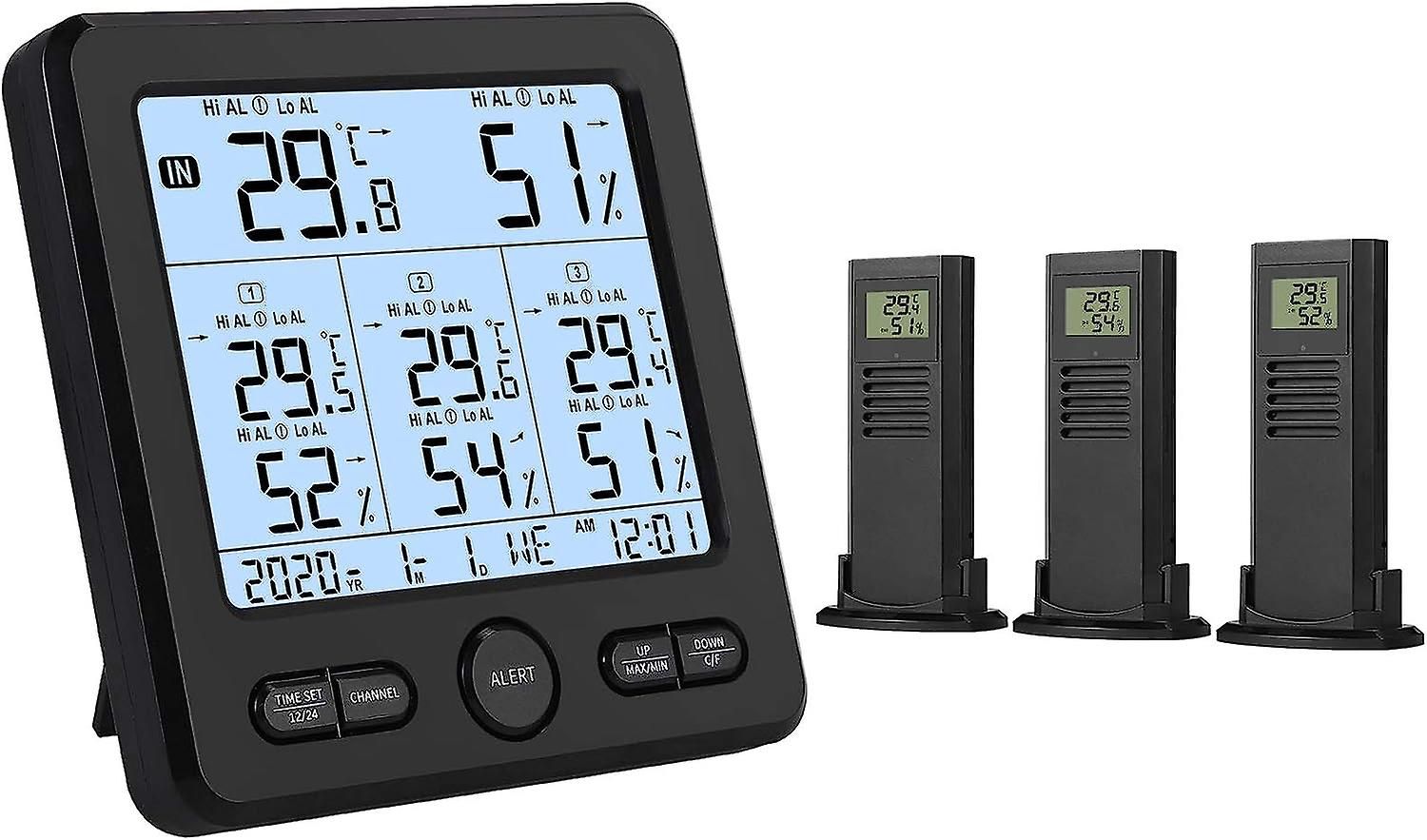 Station météo sans fil avec 3 capteurs extérieurs Thermomètre et hygromètre numérique intérieur/extérieur avec calibrage de température/humidité Al sonore/rétroéclairé