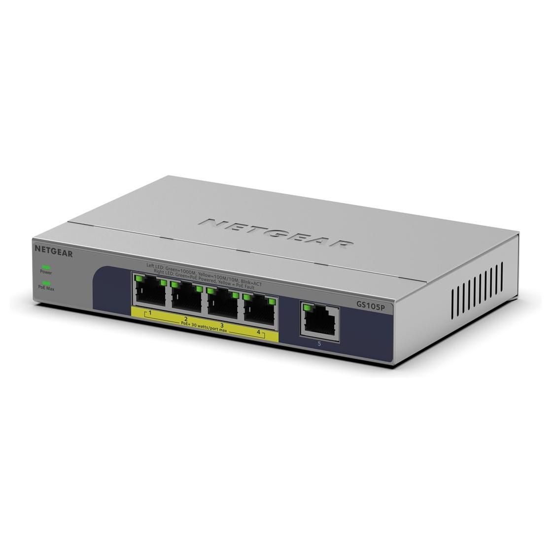 NETGEAR GS105P Commutateur non géré 1 x 101001000 + 4 x 101001000 PoE+ de bureau fixation murale PoE+