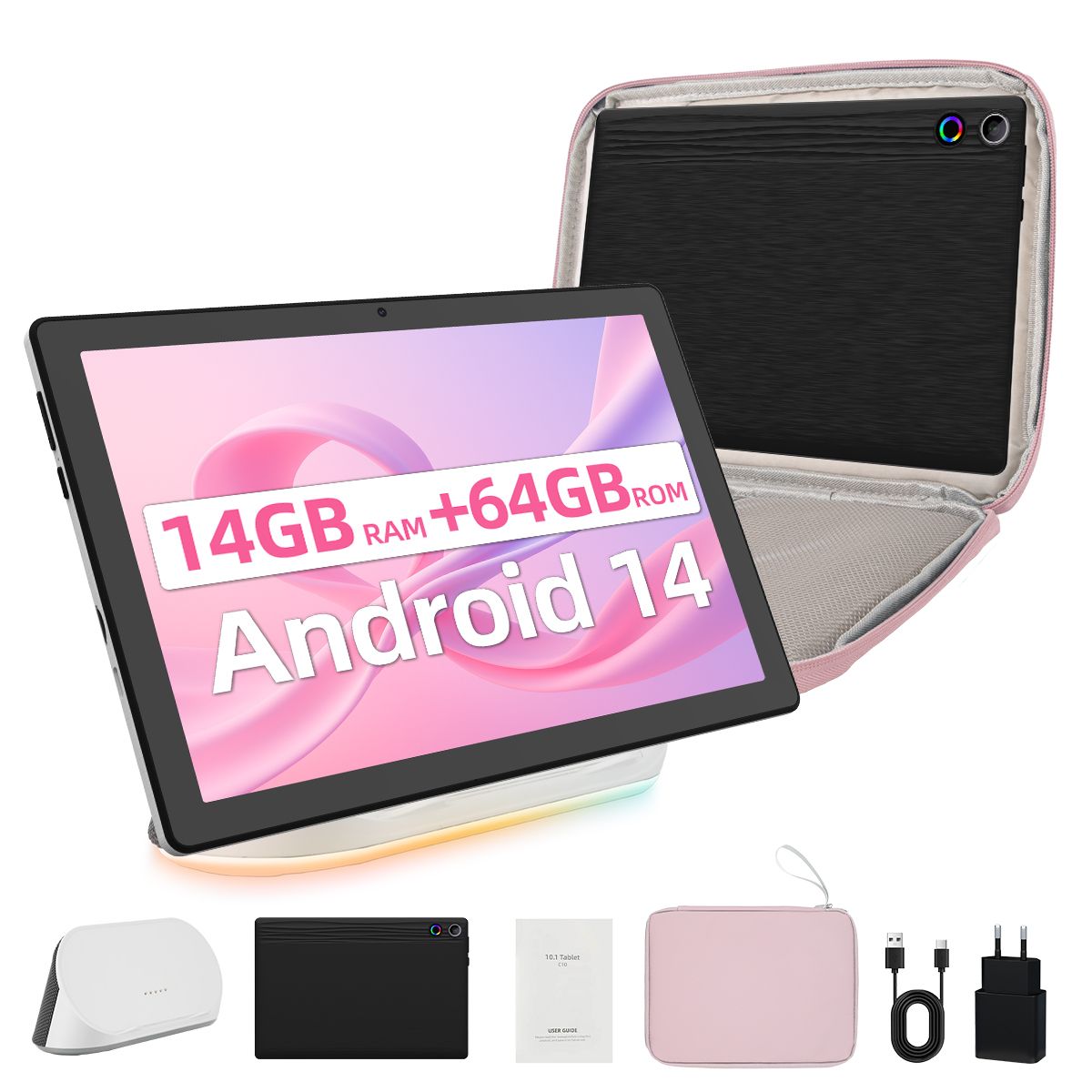 Tablette 10 Android 14 Octa Core 14Go RAM+ ROM Extensible à 1280x800 HD Caméra 5MP+8MP Wi Fi 6 BT 5.3 AI Cloud Album avec Haut Parleur Dock de Chargement et Sacoche d'ordinateur - vue 2