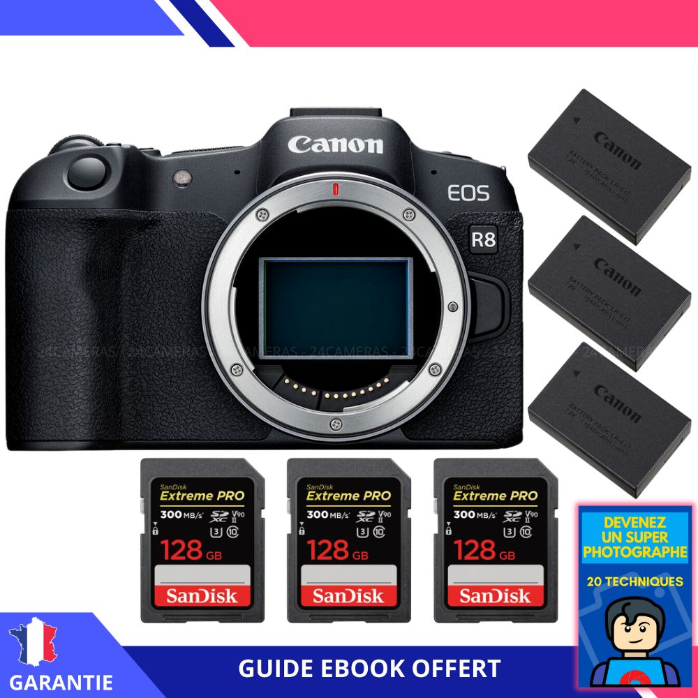 Canon EOS R8 + 3 SanDisk Extreme PRO UHS II SDXC 300 MB/ + 3 Canon LP E17 + Ebook Devenez Un Super Photographe Appareil Photo Canon