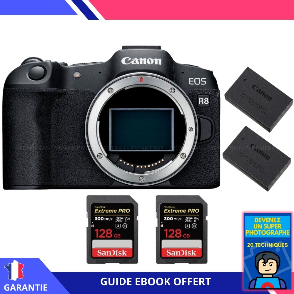 Canon EOS R8 + 2 SanDisk Extreme PRO UHS II SDXC 300 MB/ + 2 Canon LP E17 + Ebook Devenez Un Super Photographe Appareil Photo Canon