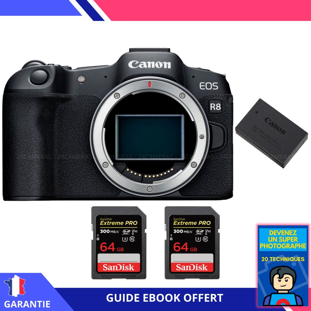 Canon EOS R8 + 2 SanDisk Extreme PRO UHS II SDXC 300 MB/ + 1 Canon LP E17 + Ebook Devenez Un Super Photographe Appareil Photo Canon