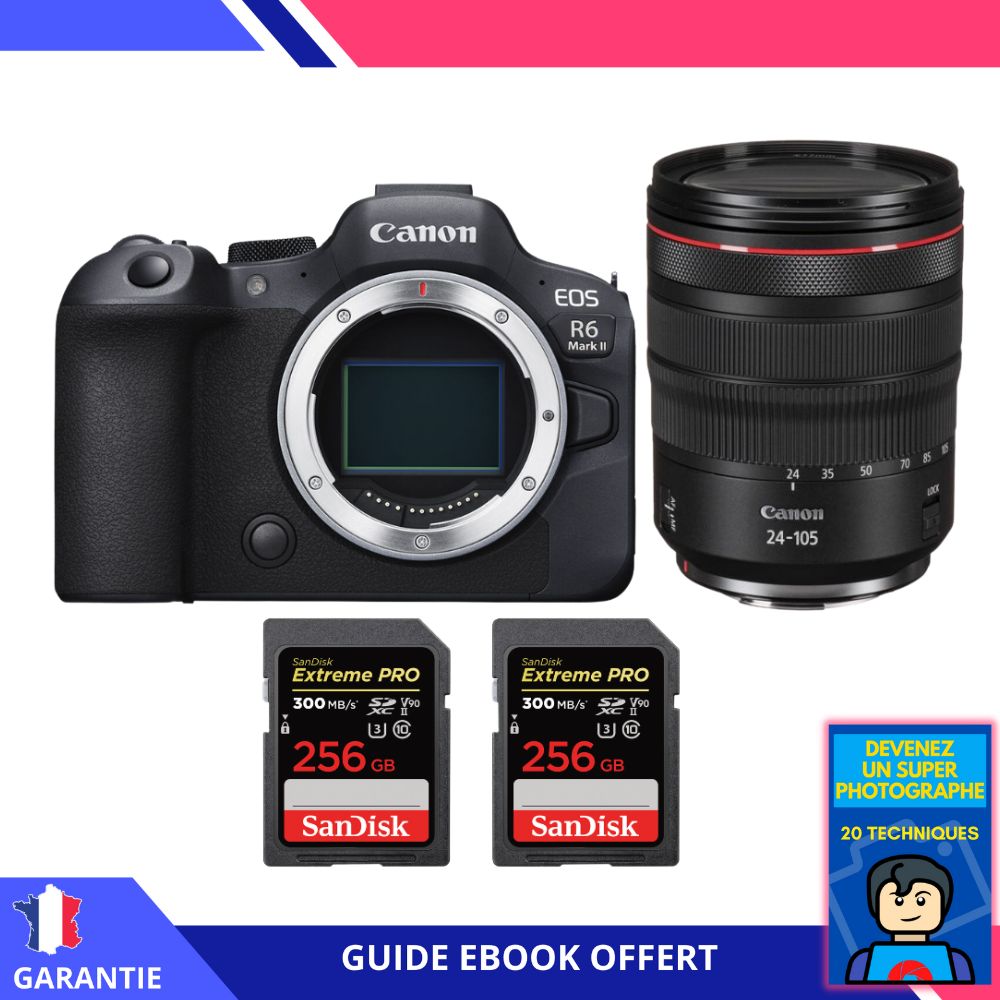 Canon EOS R6 Mark II + RF 24 105mm f4 IS USM + 2 SanDisk Extreme PRO UHS II SDXC 300 MB/ + Ebook Devenez Un Super Photographe Appareil Photo Canon