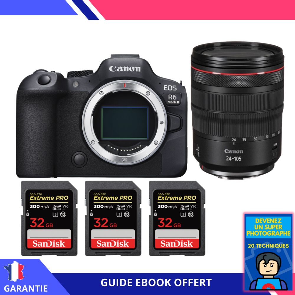 Canon EOS R6 Mark II + RF 24 105mm f4 IS USM + 3 SanDisk Extreme PRO UHS II SDXC 300 MB/ + Ebook Devenez Un Super Photographe Appareil Photo Canon