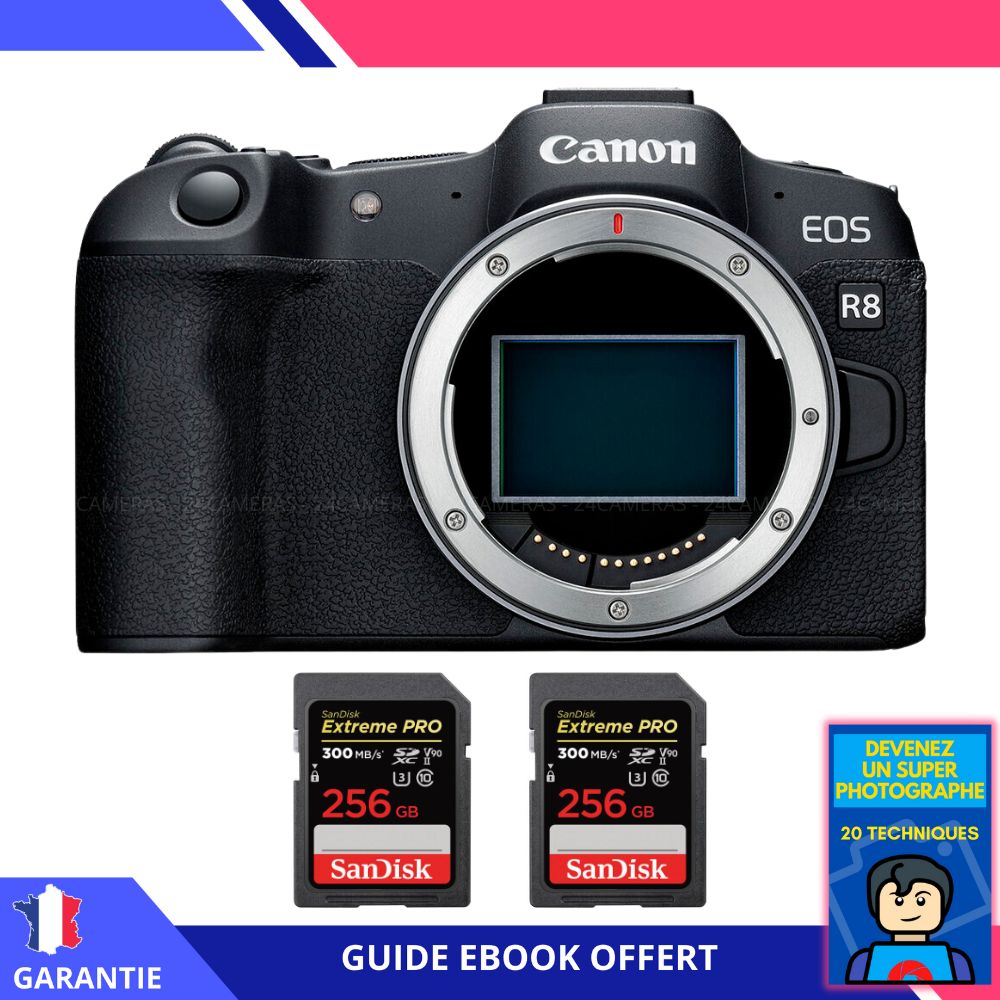Canon EOS R8 + 2 SanDisk Extreme PRO UHS II SDXC 300 MB/ + Ebook Devenez Un Super Photographe Appareil Photo Canon