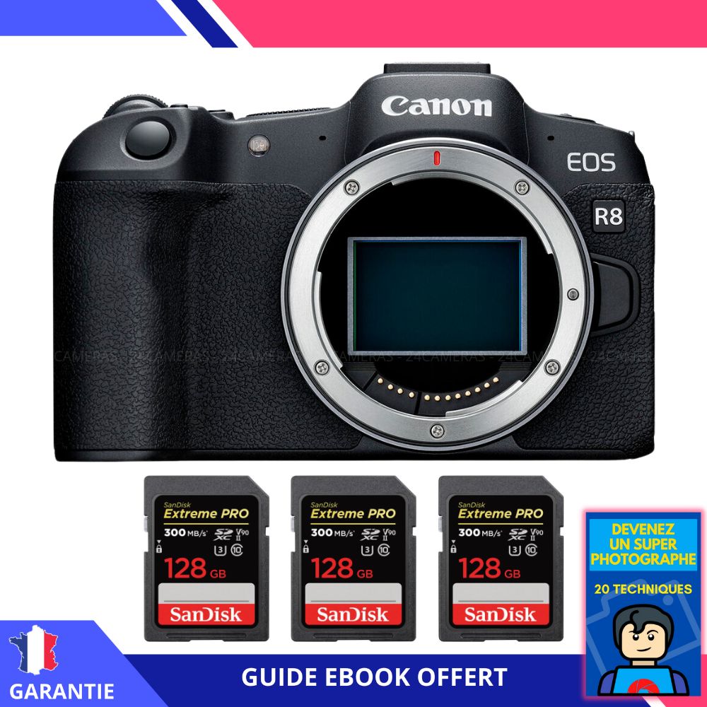 Canon EOS R8 + 3 SanDisk Extreme PRO UHS II SDXC 300 MB/ + Ebook Devenez Un Super Photographe Appareil Photo Canon