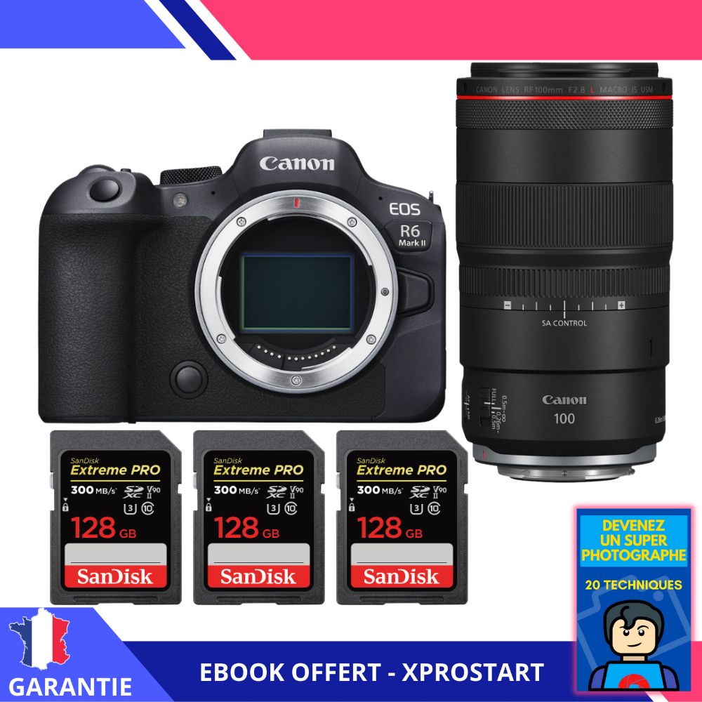 Canon EOS R6 Mark II + RF 100mm f2.8 Macro IS USM + 3 SanDisk Extreme PRO UHS II SDXC 300 MB/ + Ebook Devenez Un Super Photographe Appareil Photo Canon