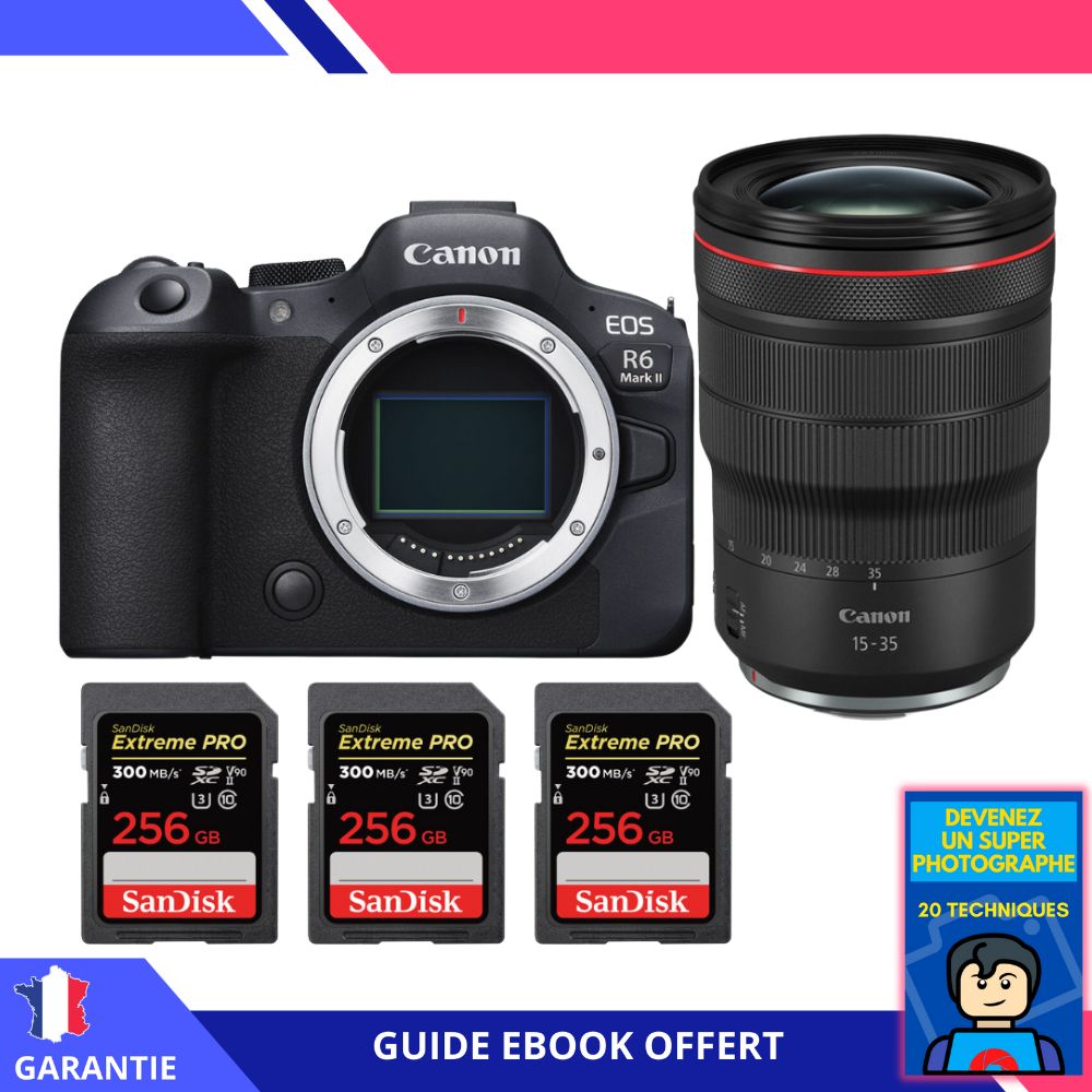 Canon EOS R6 Mark II + RF 15 35mm f2.8 IS USM + 3 SanDisk Extreme PRO UHS II SDXC 300 MB/ + Ebook Devenez Un Super Photographe Appareil Photo Canon