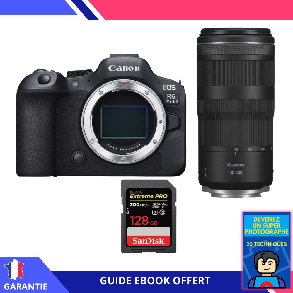 Canon EOS R6 Mark II + RF 100 400mm f5.6 8 IS USM + 1 SanDisk Extreme PRO UHS II SDXC 300 MB/ + Ebook Devenez Un Super Photographe Appareil Photo Canon