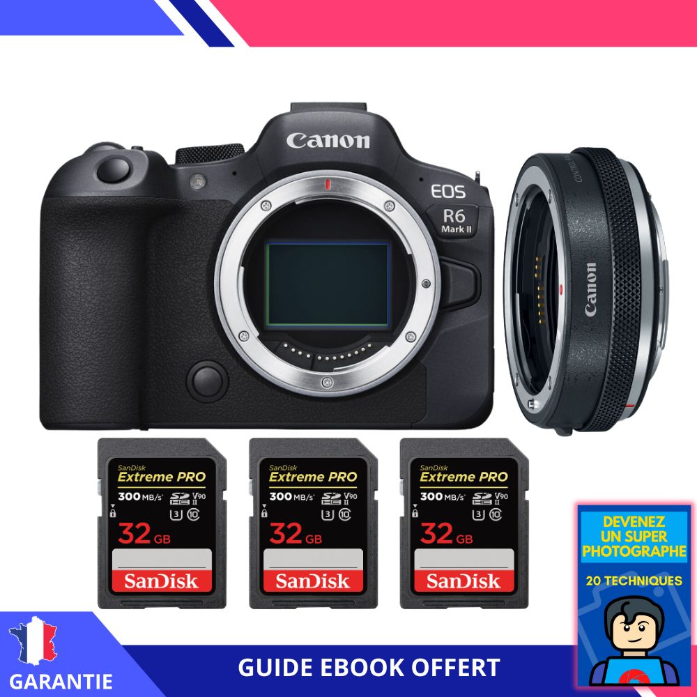 Canon EOS R6 Mark II + Canon EF EOS R Premium + 3 SanDisk Extreme PRO UHS II SDXC 300 MB/ + Ebook Devenez Un Super Photographe Appareil Photo Canon