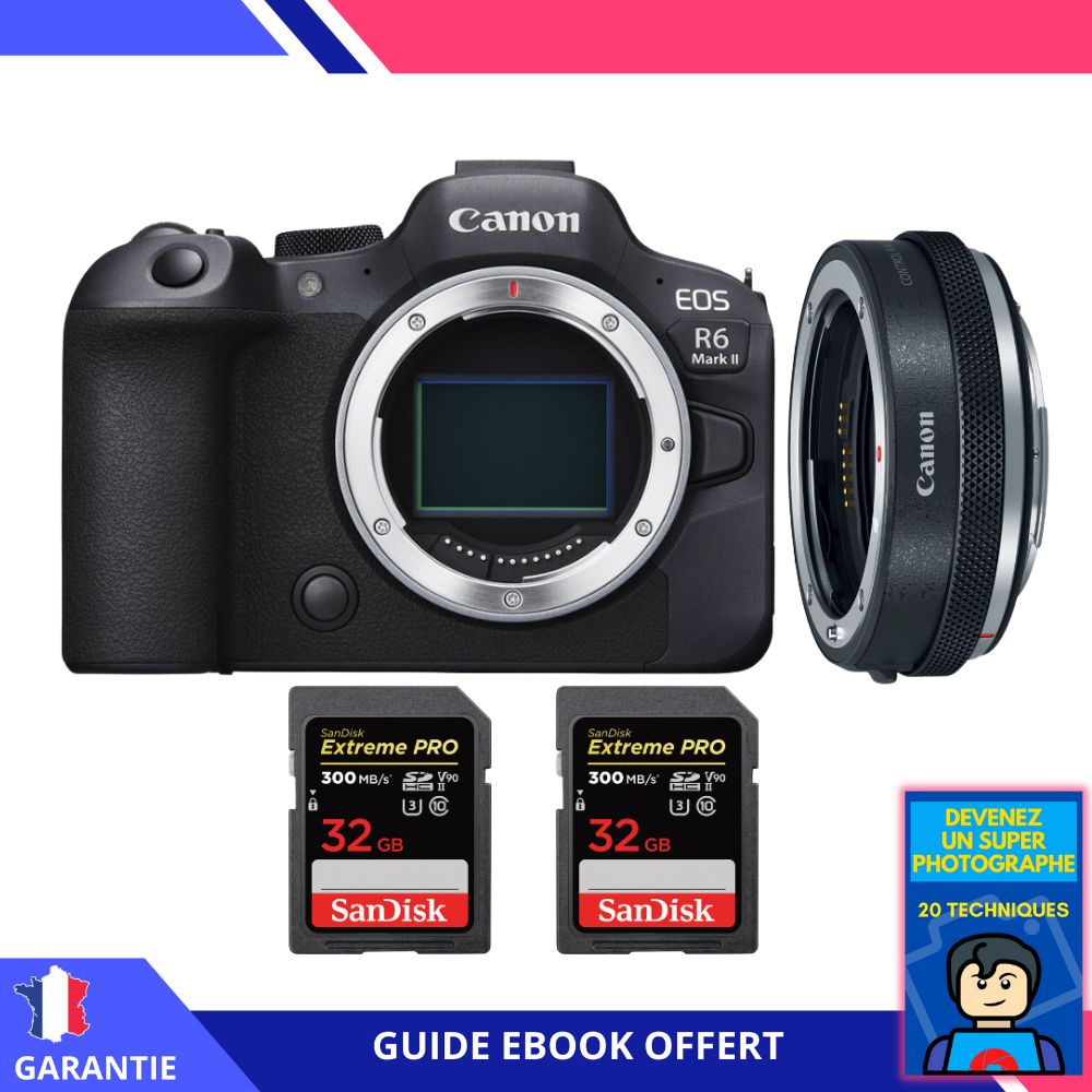 Canon EOS R6 Mark II + Canon EF EOS R Premium + 2 SanDisk Extreme PRO UHS II SDXC 300 MB/ + Ebook Devenez Un Super Photographe Appareil Photo Canon