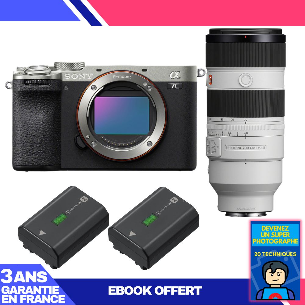 Boitier Sony A7C II + FE 70 200mm f2.8 GM OSS II + 2 Sony NP FZ100 + Ebook 'Devenez Un Super Photographe