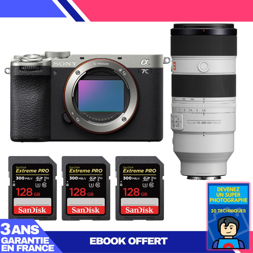 Boitier Sony A7C II + FE 70 200mm f2.8 GM OSS II + 3 SanDisk Extreme PRO UHS II SDXC 300 MB/ + Ebook 'Devenez Un Super Photographe