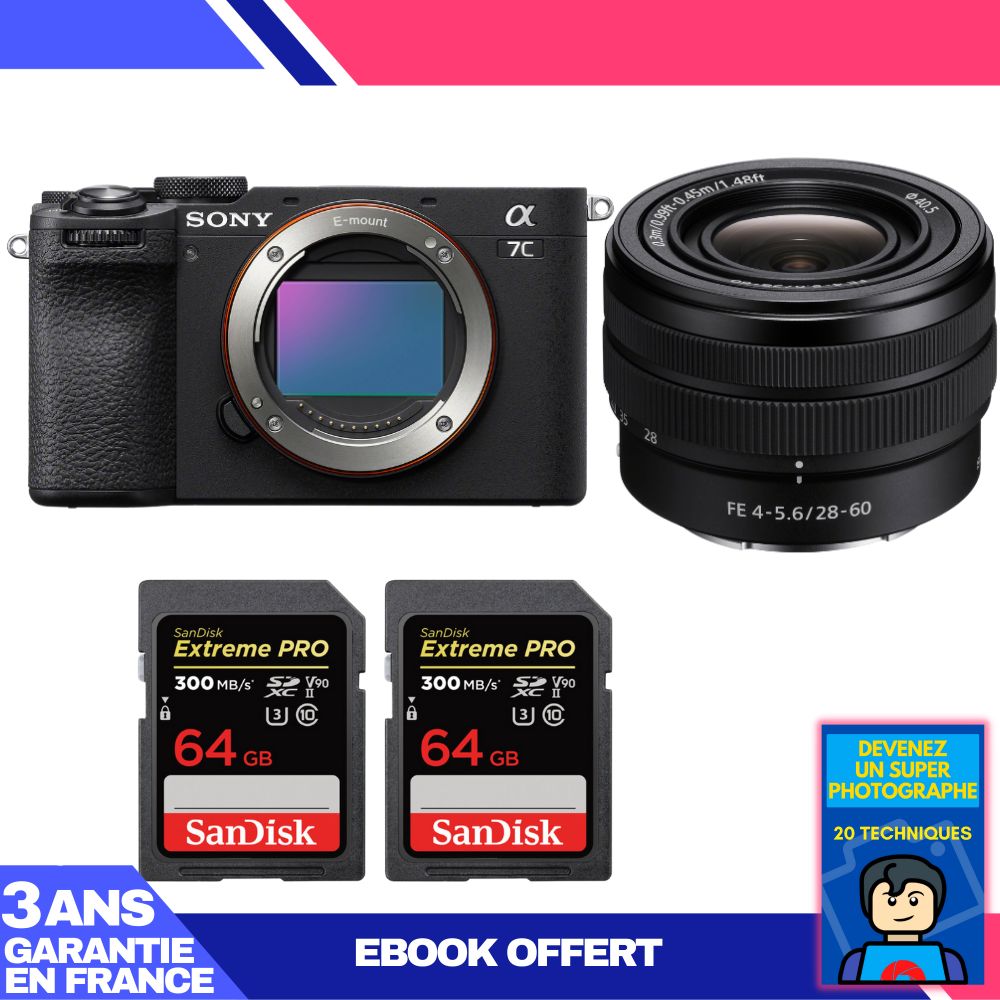 Boitier Sony A7C II + FE 28 60mm f4 5.6 + 2 SanDisk Extreme PRO UHS II SDXC 300 MB/ + Ebook 'Devenez Un Super Photographe