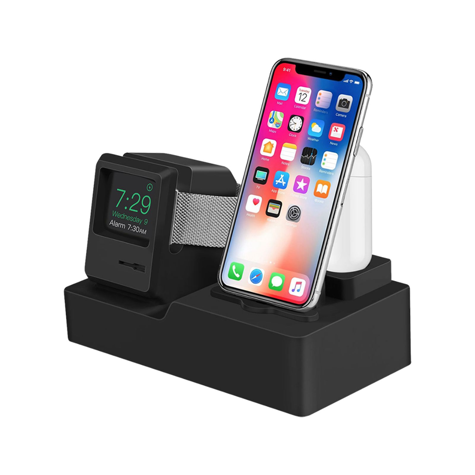 [Ander Online] (Support de chargement unique, câble de données non inclus) Support de chargement rétro trois en un pour iPhone, Apple Watch, AirPods (noir)