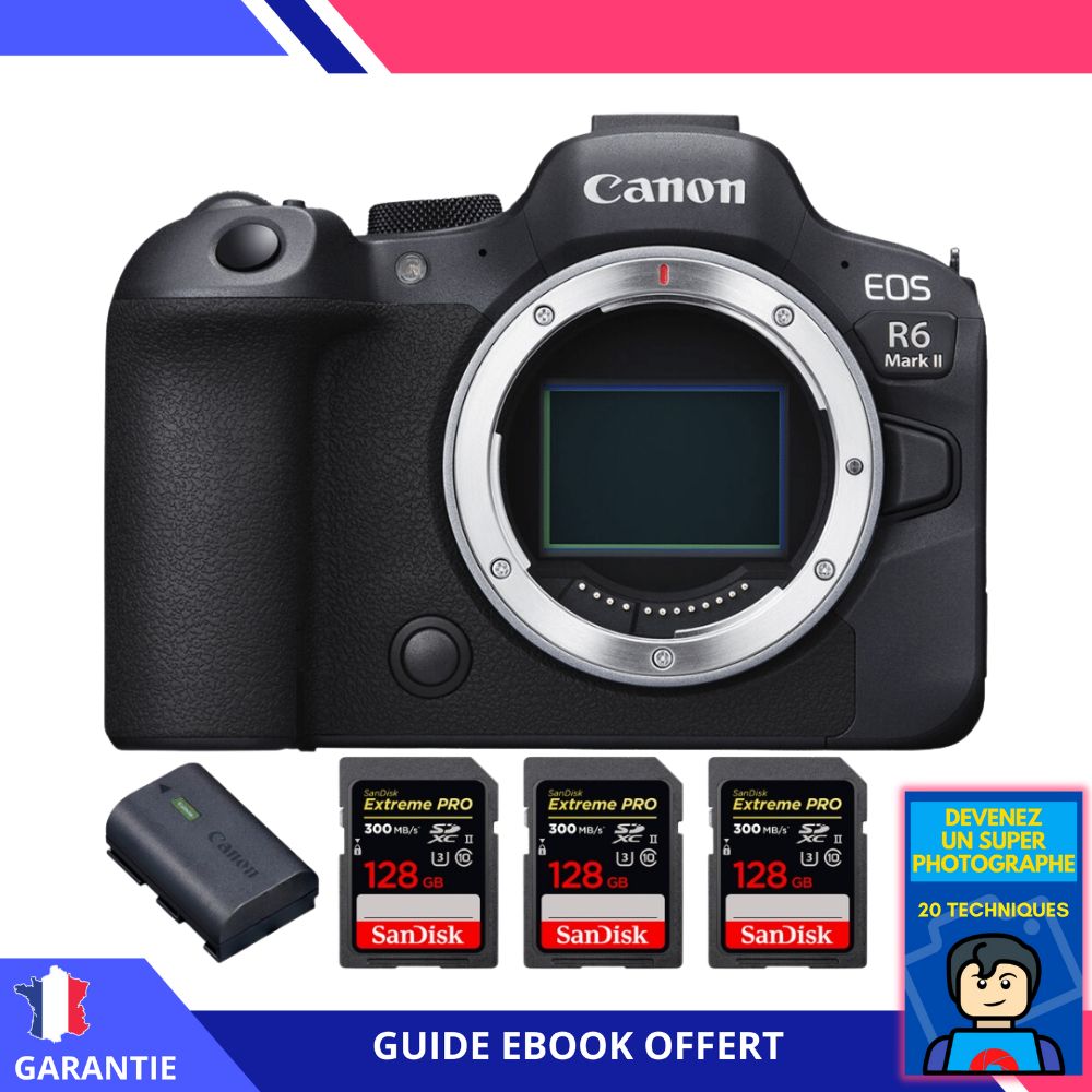 Canon EOS R6 Mark II + 3 SanDisk Extreme PRO UHS II 300 MB/ + 1 Canon LP E6NH + Ebook Devenez Un Super Photographe Appareil hybride Canon