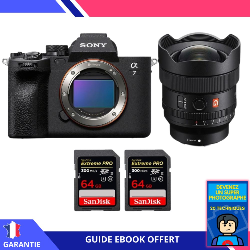 Sony A7 IV + FE 14mm f1.8 GM + 2 SanDisk Extreme PRO UHS II SDXC 300 MB/ + Ebook 'Devenez Un Super Photographe' Hybride Sony