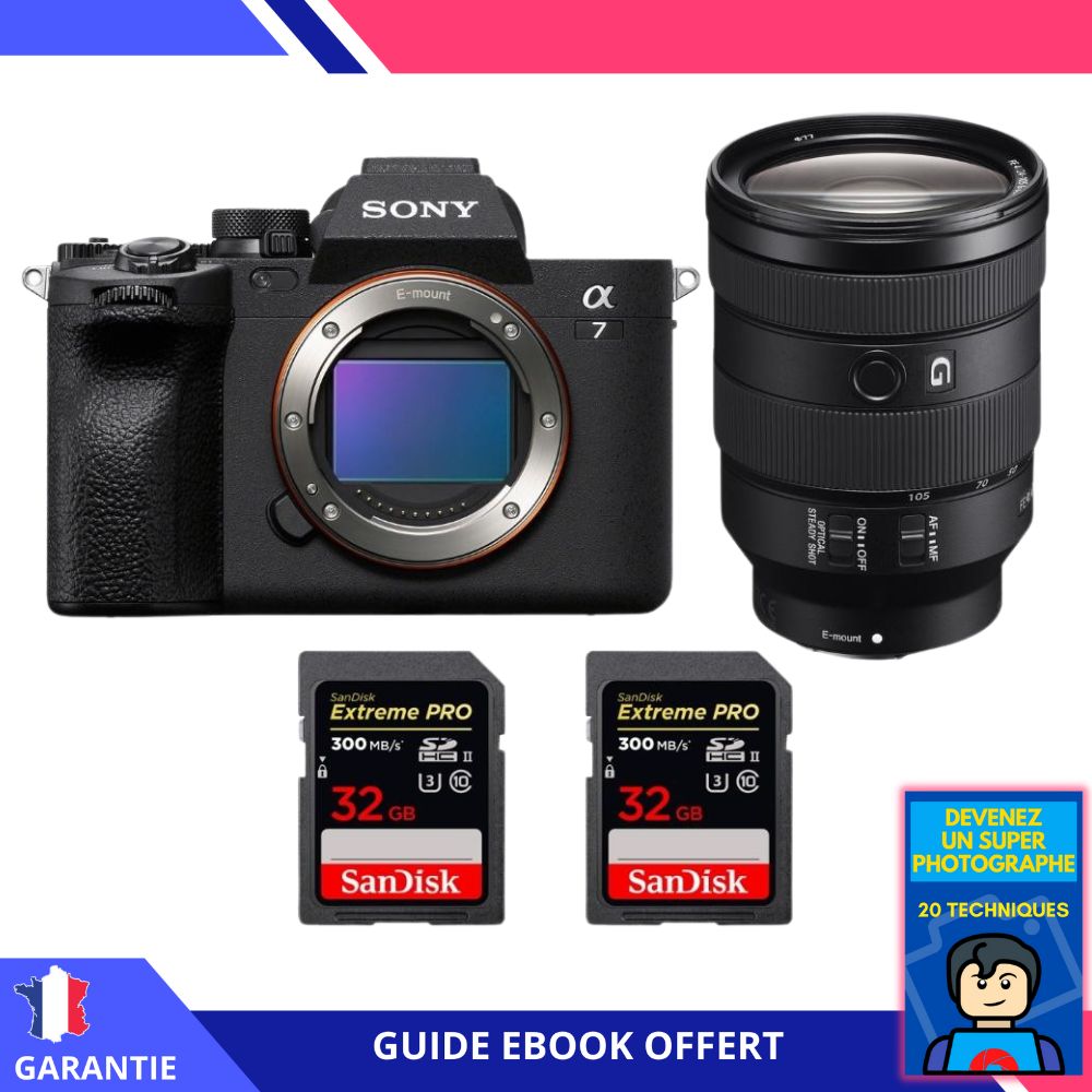 Sony A7 IV + FE 24 105mm f4 G OSS + 2 SanDisk Extreme PRO UHS II SDXC 300 MB/ + Ebook 'Devenez Un Super Photographe' Hybride Sony