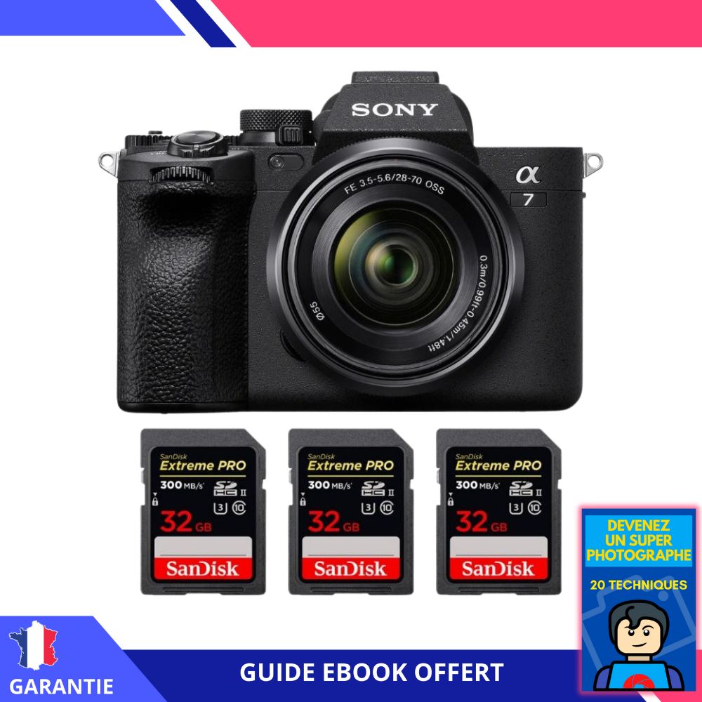 Sony A7 IV + FE 28 70mm F3.5 5.6 OSS + 3 SanDisk Extreme PRO UHS II SDXC 300 MB/ + Ebook 'Devenez Un Super Photographe' Hybride Sony