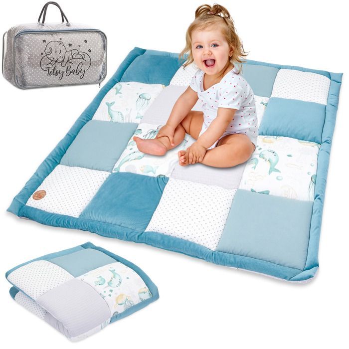  - Tapis De Jeu Bébé 120x120 Cm Velours - Tapis De Jeu Patchwork D'activité Animaux Aquatiques