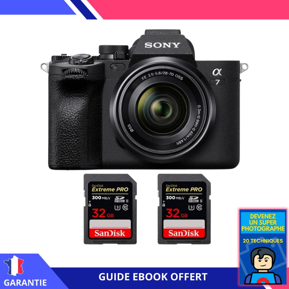Sony A7 IV + FE 28 70mm F3.5 5.6 OSS + 2 SanDisk Extreme PRO UHS II SDXC 300 MB/ + Ebook 'Devenez Un Super Photographe' Hybride Sony