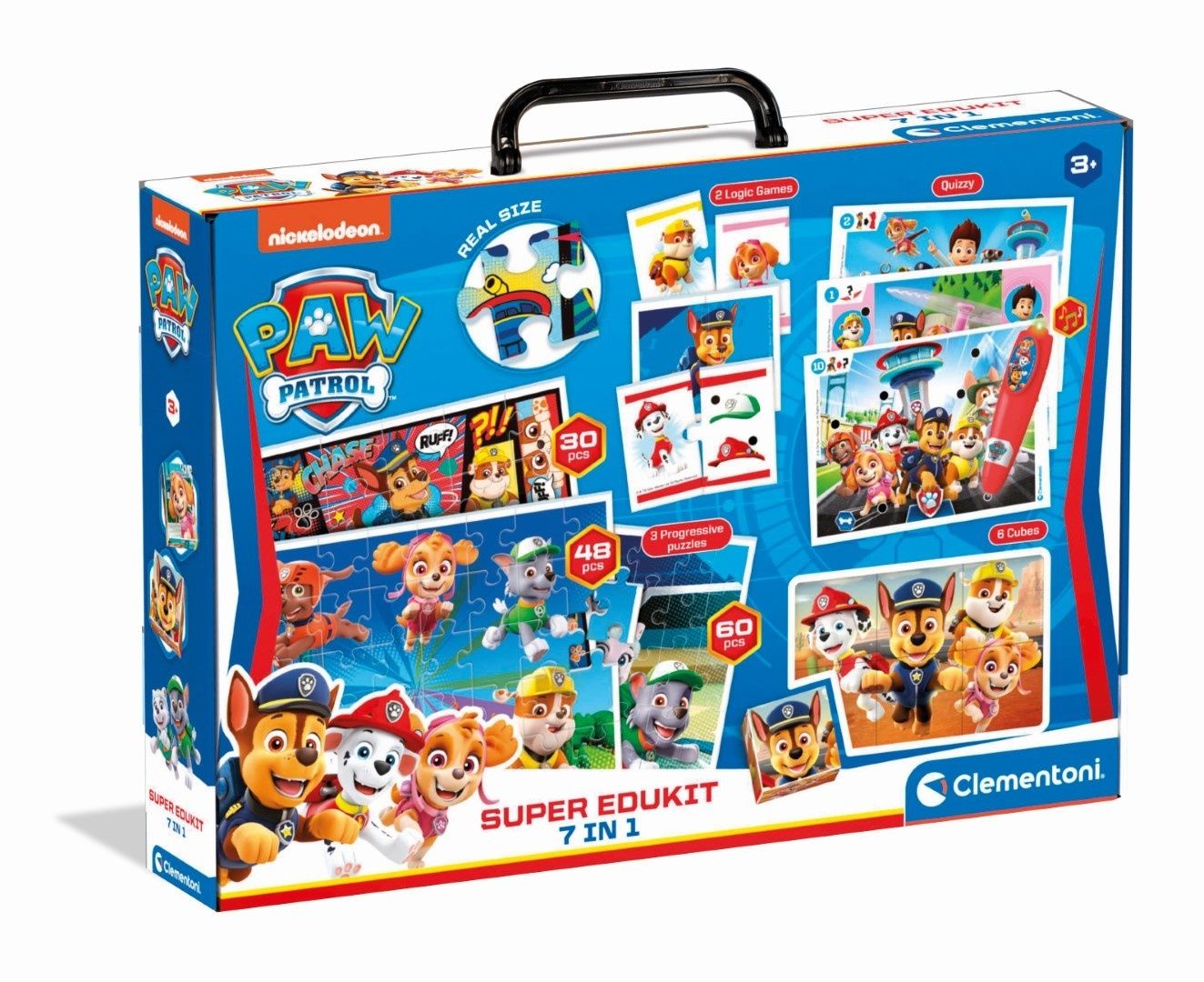 Clementoni 18112 Super Edukit 7 en 1 Pat’ Patrouille 3 Puzzles De 30 48 Et 60 Pièces 6 Cubes Un Mémo Un Domino Et 12 Cartes Quiz Jeu Éducatif Fabriqué en Italie - vue 7