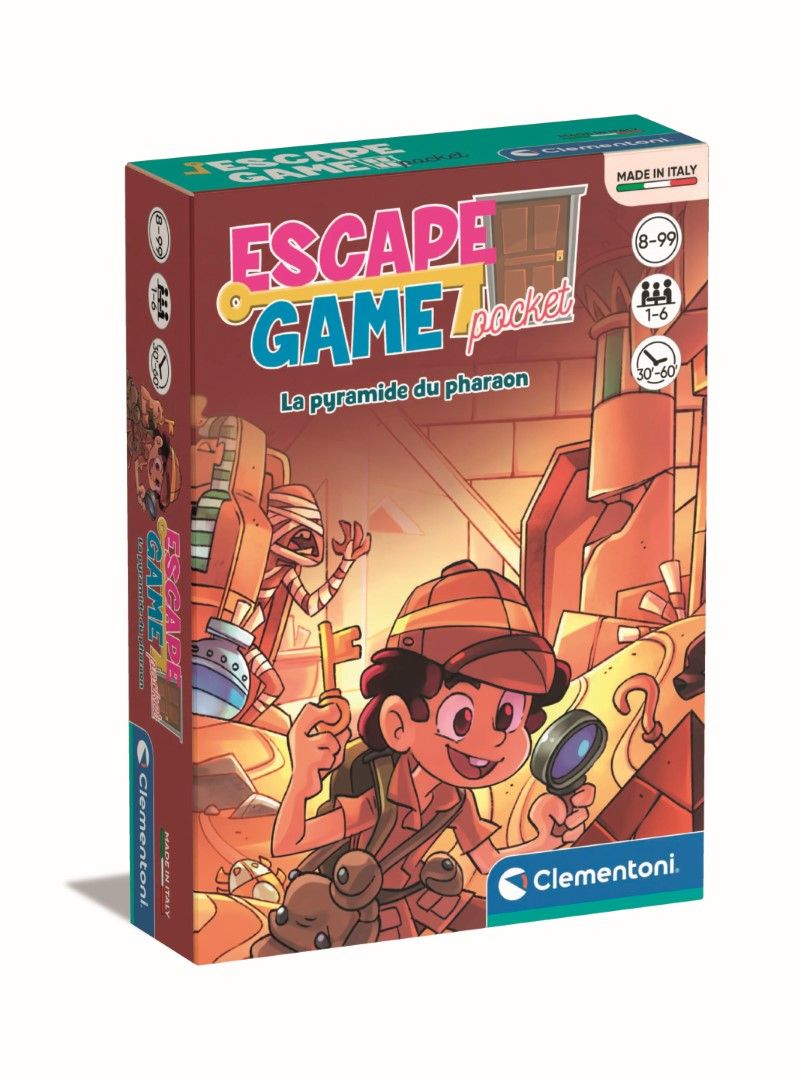 Clementoni | Escape Game Pocket – La Pyramide du Pharaon pour Enfants + | Cartes Énigmes Logique Mathématiques | 1 à 6 Joueurs | 30 60 Min | Activité Ludique à Emporter | Jeu de Société