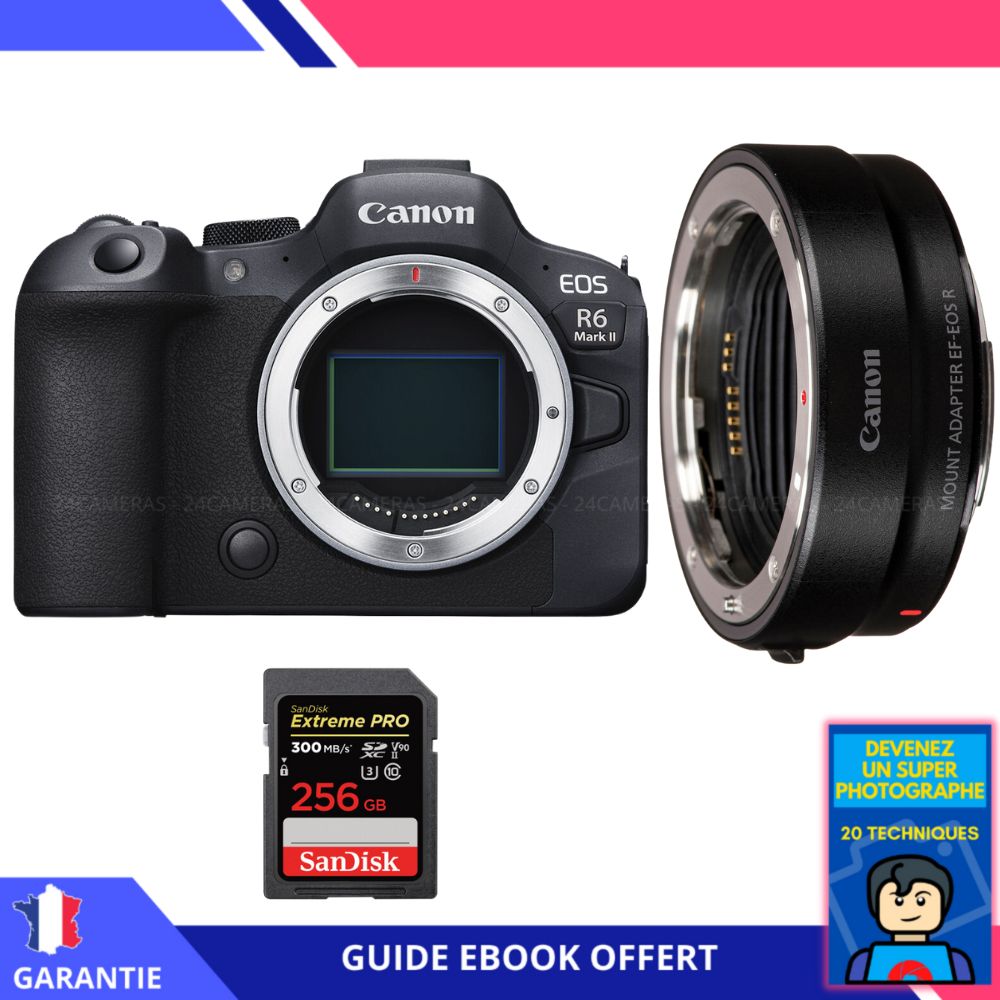 Canon EOS R6 Mark II + EF EOS R + 1 SanDisk Extreme PRO UHS II SDXC 300 MB/ + Ebook 'Devenez Un Super Photographe' Appareil Photo Canon
