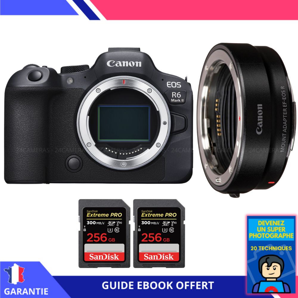 Canon EOS R6 Mark II + EF EOS R + 2 SanDisk Extreme PRO UHS II SDXC 300 MB/ + Ebook 'Devenez Un Super Photographe' Appareil Photo Canon