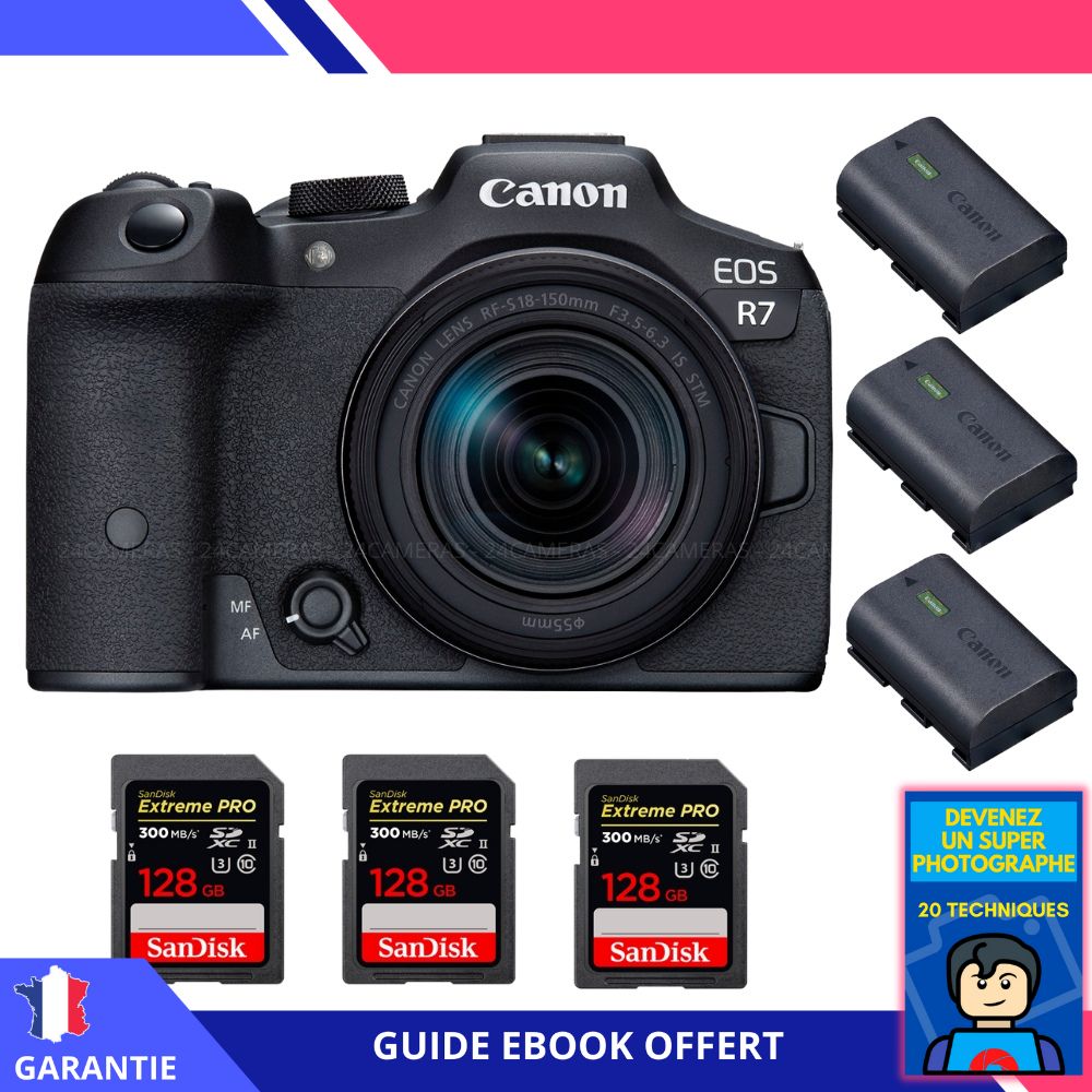 Canon EOS R7 + RF 18 150mm STM + 3 SanDisk Extreme PRO UHS II SDXC 300 MB/ + 3 Canon LP E6NH + Ebook 'Devenez Un Super Photographe' Hybride Canon - vue 3